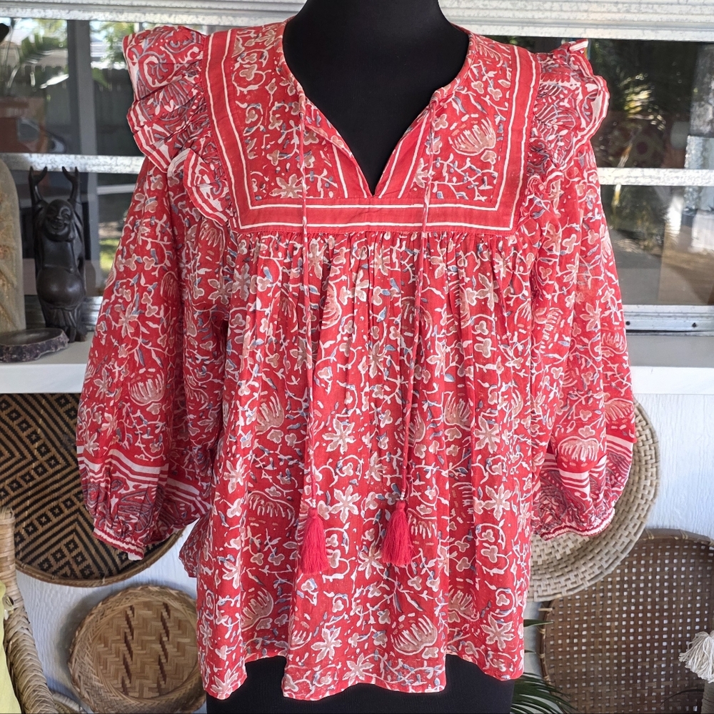 Cleobella Mylah Blouse Medium Red Fan Block Print… - image 4